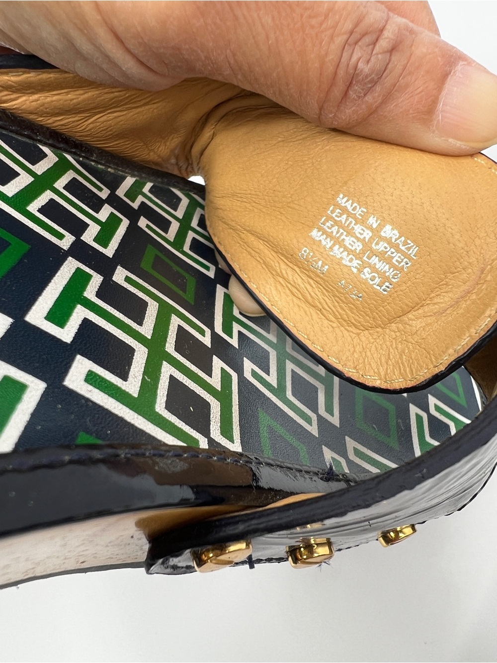 Tory Burch Dixon Black Green Patent Leather Gold Logo Slide Sandals Size 8.5 - Picture 6 of 15